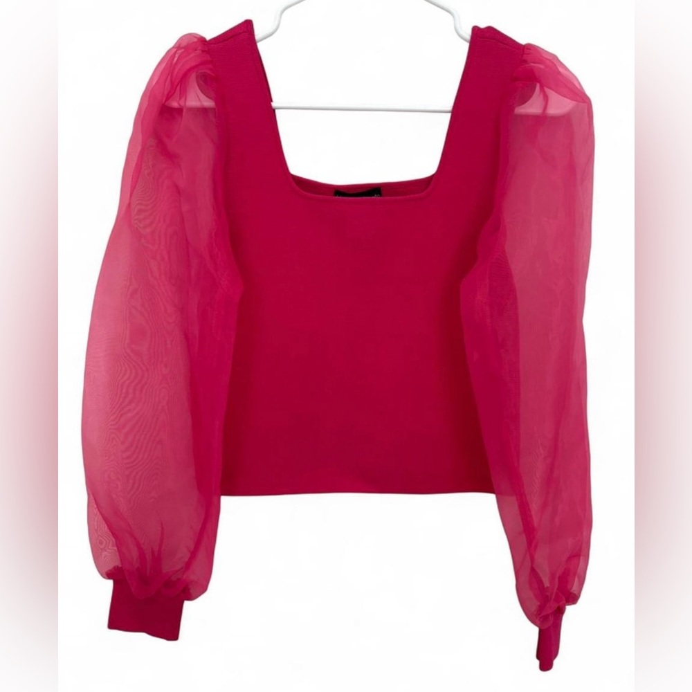 NWT House of Harlow 1960 Hot Pink Sheer Puff Long Sleeve Cropped Knit Top XS